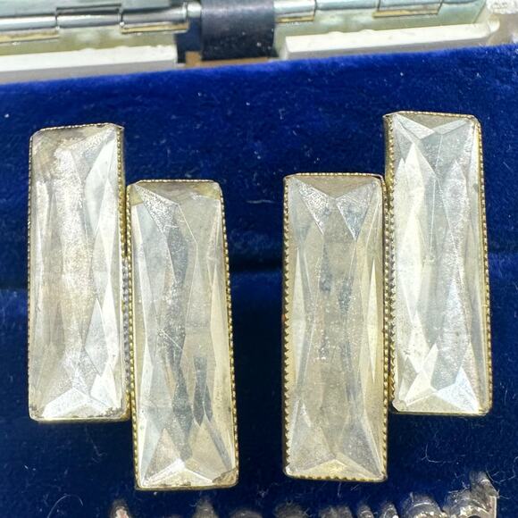 Antique Art Deco 1920s brass Czech glass sterling silver screw back earrings - Picture 2 of 10